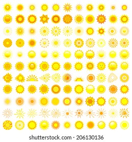 Gran conjunto de sol amarillo, naranja y rojo, aislado en fondo blanco, elemento de diseño. Ilustración del vector