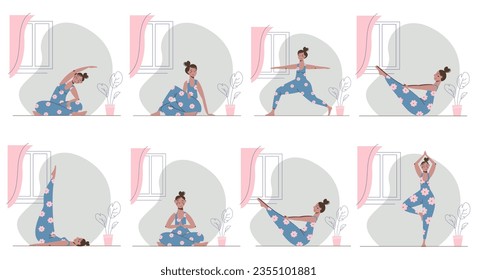 Big set of different yoga poses. Cute cartoon women in floral overalls doing asana at home. Nice girl cares about her health.