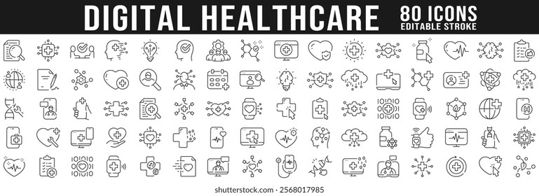 Big set of digital healthcare line icons. Diagnosis, technology, app etc. Editable stroke