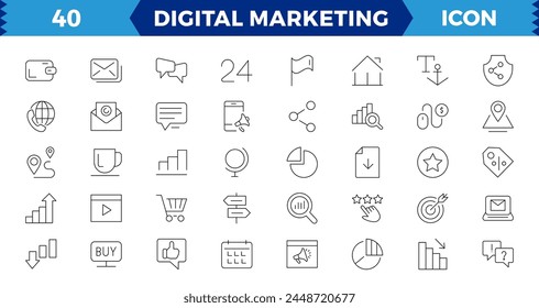 Big Set Digital Marketing Web-Icons, Inhalt, Suche, Marketing, E-Commerce, SEO, elektronische Geräte, Internet, Analyse, Social und mehr Linie Icon.
