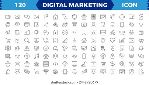 Big set Digital Marketing web icons, Content, search, marketing, ecommerce, seo, electronic devices, internet, analysis, social and more line icon.
