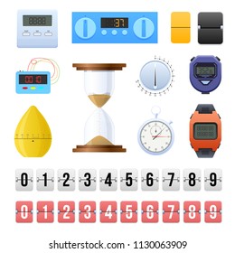 Big set digital and mechanical clocks, a timer, countdown counters. Sand, sports wristwatch, pocket stopwatch, timers for kitchen and household appliances, template constructor. Vector illustration.