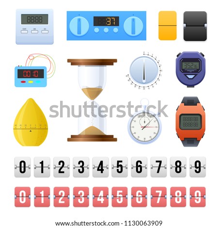 Big set digital and mechanical clocks, a timer, countdown counters. Sand, sports wristwatch, pocket stopwatch, timers for kitchen and household appliances, template constructor. Vector illustration.