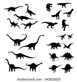 Big set of dinosaurs silhouettes. Black and white animals icons.
