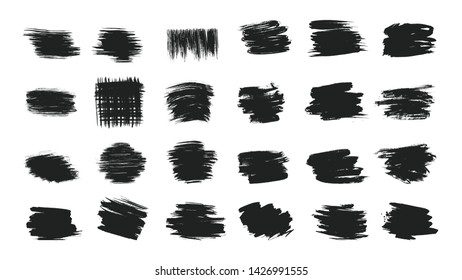 Big set of dirty artistic abstract elements with brush strokes black paint texture vector illustration isolated on white background. Calligraphy brushes high detail abstract elements.