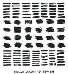 Big set of dirty artistic abstract elements with brush strokes black paint texture vector illustration isolated on white background. Calligraphy brushes high detail abstract elements.