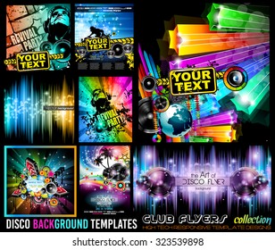 Big Set of Disco Club Flyer Template for your Music Nights Event. Ideal for TEchno Music, Hip Hop and House Performance Posters and flyers for Discotheques and night clubs.