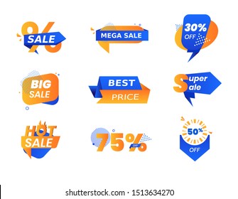 Big Set of Discount Tags Colorful Geometric Shapes and Dotted Patterns. Social Media Trendy Template for Mega Sale. Design Ad Poster, Promo Flyer Cards Memphis Style. Cartoon Flat Vector Illustration