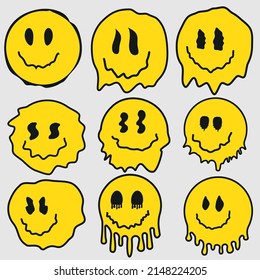 Big Set Distorted Emoji Isolated On White Background. Cartoon Funny Characters, Dripping Smiley Face. Vector Illustration.