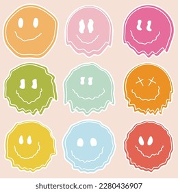 Big set of distorted melting colored emoticons. Cartoon funny characters dripping emoticon. Vector illustration.