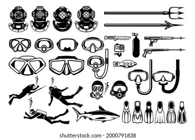 Big set of diver design elements. Diver helmet, diver mask, trident, harpoon. Design element for poster, card, banner,emblem, sign. Vector illustration