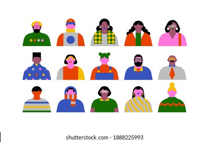 Big set of diverse people character portrait in colorful 90s style. Flat cartoon avatar in trendy fashion, business person or young student crowd of men and women.