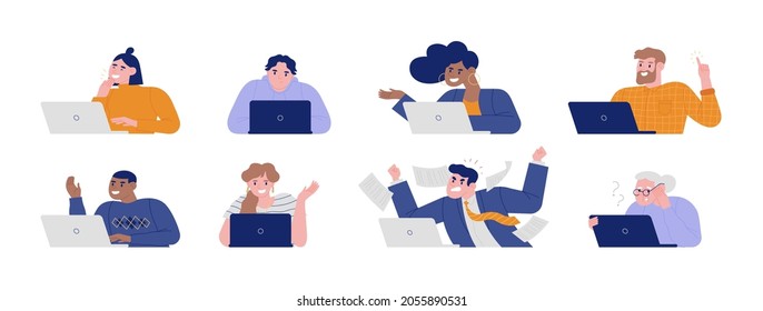 Big Set Of Diverse People Using Laptop Computer From Home. Modern Flat Cartoon Character Collection With Technology Device. Includes Angry Business Man, Old Woman And Worker On Video Call.