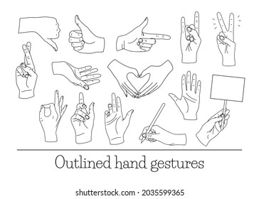 Big set with diverse simple hand gestures in line art style