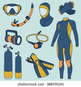 Big set of diving equipment. Hand drawn icons collection, professional equipment. Background with colorful elements
