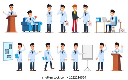 Big set of doctor character in different poses and situations. Flat style vector illustration isolated on white background.