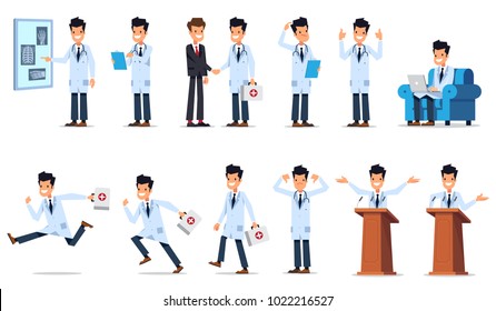 Big set of doctor character in different poses and situations. Flat style vector illustration isolated on white background.