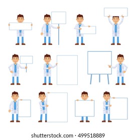 Big set of doctor characters posing with different blank banners. Cheerful assistant holding paper, poster, placard, pointing to whiteboard. Teach, advertise, promote. Flat style vector illustration