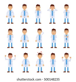 Big set of doctor characters showing different facial expressions. Happy, sad, anger, stress, cry, smile, laugh, love, confident, bored and other emotions. Flat style vector illustration