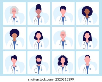 Big set of Doctors with different ethnicity and different ages. Family doctors. Health care concept. Vector illustration in flat style.