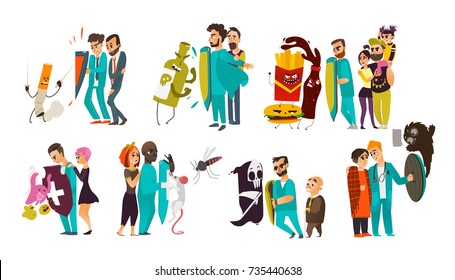 Big set of doctors who fight diseases, hold a shield to protect patients from problems, flat cartoon vector illustration isolated on white background. Doctor fight, physical and psychiatric protection