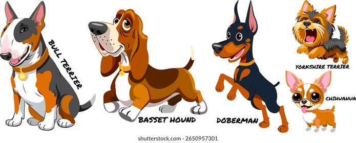 Big set of dog breeds bull terrier basset hound doberman yorkshire terrier chihuahua funny animals with different characters Vector