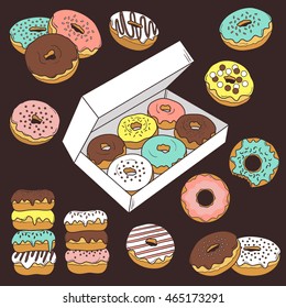 Big set of donuts. Hand drawn icon collection. Doodle background with sketch objects and food icon
