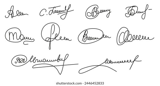 Un gran conjunto de Doodle Autograph. Colección de firma ficticia aislado fondo blanco. Firma giratoria. La Ilustración vectorial puede utilizar la Plantilla para el diseño de certificados y documentos. Trazo editable