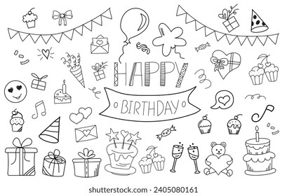 Big set of doodle birthday party decoration with lettering happy birthday.  Hand drawn elements, balloons, gift box, cake with candles, confetti, party hats, cupcakes, flags with letters, hearts.