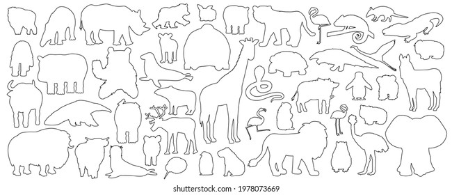 Big set of doodle cartoon isolated African American forest animals icons. Vector outline tiger lion rhinoceros buffalo zebra elephant giraffe crocodile tapir hippo bear orangutan penguin flamingo