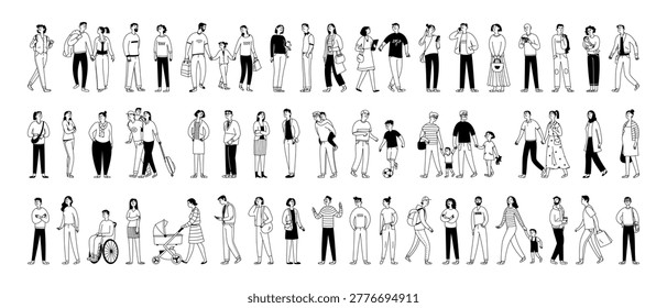A big set of doodle characters, diverse people in various outdoor activities. Businessmen, office workers, a woman with a child, and pets. Man and woman. Vector illustration