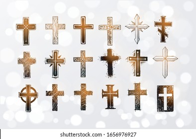 Big set of doodle christian crossed on white glowing background.