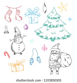 Big set of doodle Christmas elements including fir, snowman, Santa Claus, giftboxes, mittens. stocking, decorating balls for new year banner design, stickers, coloring books, kids apps
