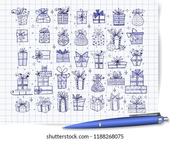 Big set of doodle christmas gift boxes on lined paper background.