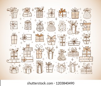 Big set of doodle christmas gift boxes on vintage background