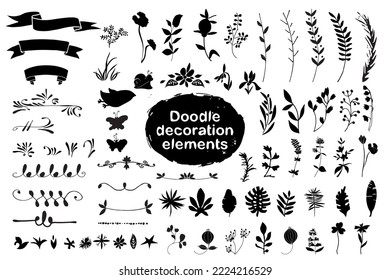 Big set of doodle decoration elements. Black silhouettes for your design. Vector objects. 