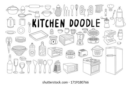 Big set of doodle elements on the theme of food, kitchen and cooking. A variety of utensils, tools, household appliances, dishes, cutlery for design in a linear style isolated on white background.