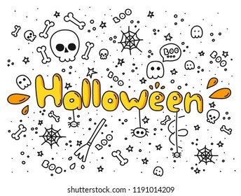 Big set doodle funny Halloween elements  characters  and text   ghosts  Isolated objects  Hand drawn vector illustration  Line drawing  Design concept print