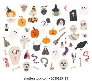 Big set of doodle Halloween illustrations. Cute childish colorful freehand drawings. Clip art for all kinds of decorations.