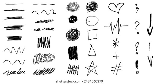 Big Set Doodle Hand Drawing elements isolated on white backdrop. Trace Doodle symbol collection in fountain pen style. Arrow, grid underline symbol. Vector illustration. EPS 10