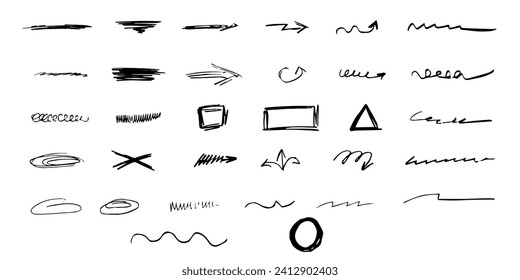 Big Set Doodle Hand Drawn Elemente einzeln auf weißem Hintergrund. Doodle-Pinselsammlung. Pfeil, geometrische Form und Unterlinie. Vektorgrafik. EPS10