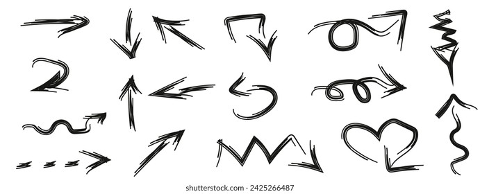 Conjunto grande de elementos dibujados a mano Doodle aislados sobre fondo blanco. Colección de pinceles Doodle Arrows. Bucle, flecha ondulada y subrayado. Ilustración vectorial. EPS 10
