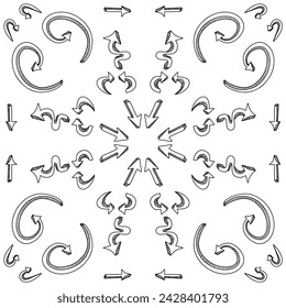 Big set of doodle handdrawn modern 3d arrows isolated on white background in shape of sunburst.