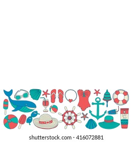 Big set with doodle images about beach fashion and travel