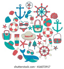 Big set with doodle images about beach fashion and travel