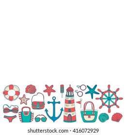 Big set with doodle images about beach fashion and travel