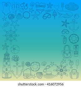 Big set with doodle images about beach fashion and travel