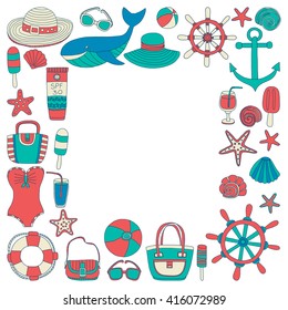 Big set with doodle images about beach fashion and travel