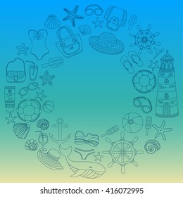 Big set with doodle images about beach fashion and travel