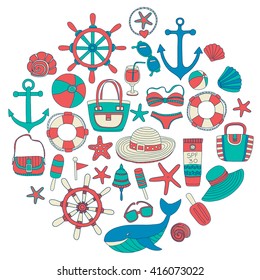 Big set with doodle images about beach fashion and travel